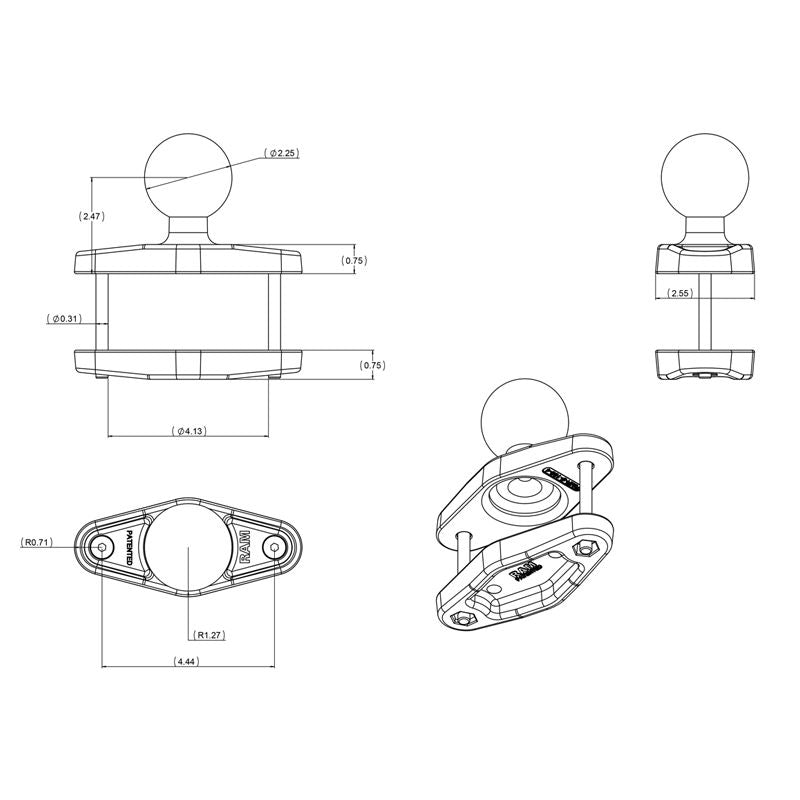 RAM Staal Versterkte Vierkante Klem Basis voor Posten tot 4" Breed - RAM Mounts RAM-D-247U-4-IN1 afbeelding 3