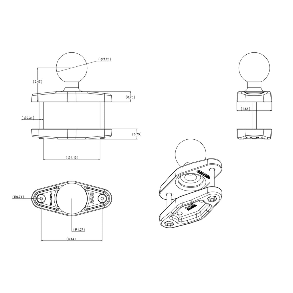 RAM Vierkante Paal Klem Basis voor Palen tot 4" Breed - D Maat - RAM Mounts RAM-D-247U-4 afbeelding 2