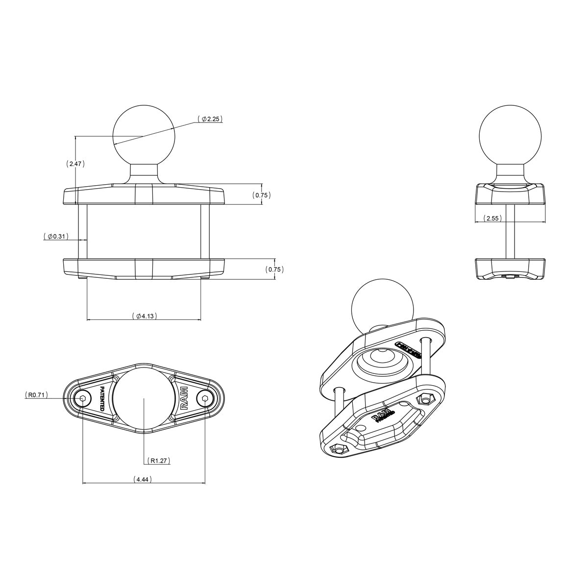RAM Vierkante Paal Klem Basis voor Palen tot 4" Breed - D Maat - RAM Mounts RAM-D-247U-4 afbeelding 2