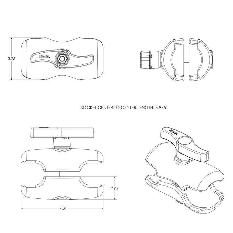 RAM Dubbele Socket Arm - E Maat Kort - RAM Mounts RAM-E-201U-D afbeelding 2