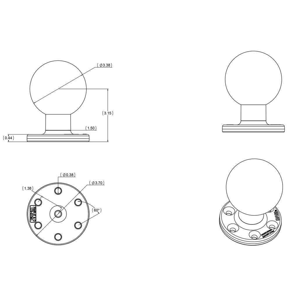 RAM Grote Ronde Plaat met 6-Gat Patroon en Bal - E Maat - RAM Mounts RAM-E-202U-SYM1 afbeelding 2