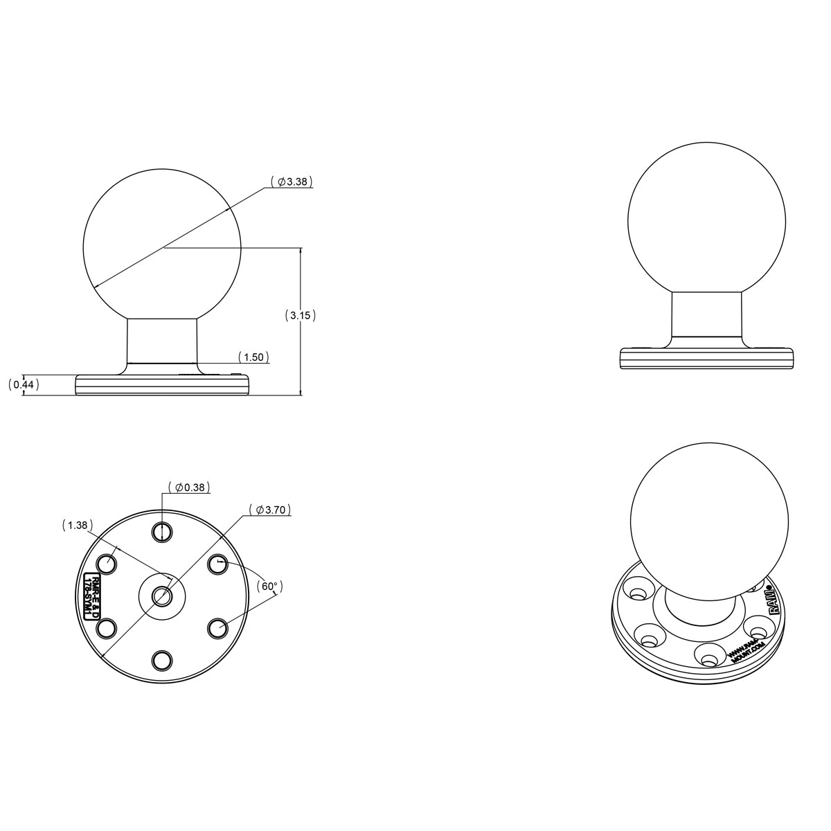 RAM Grote Ronde Plaat met 6-Gat Patroon en Bal - E Maat - RAM Mounts RAM-E-202U-SYM1 afbeelding 2