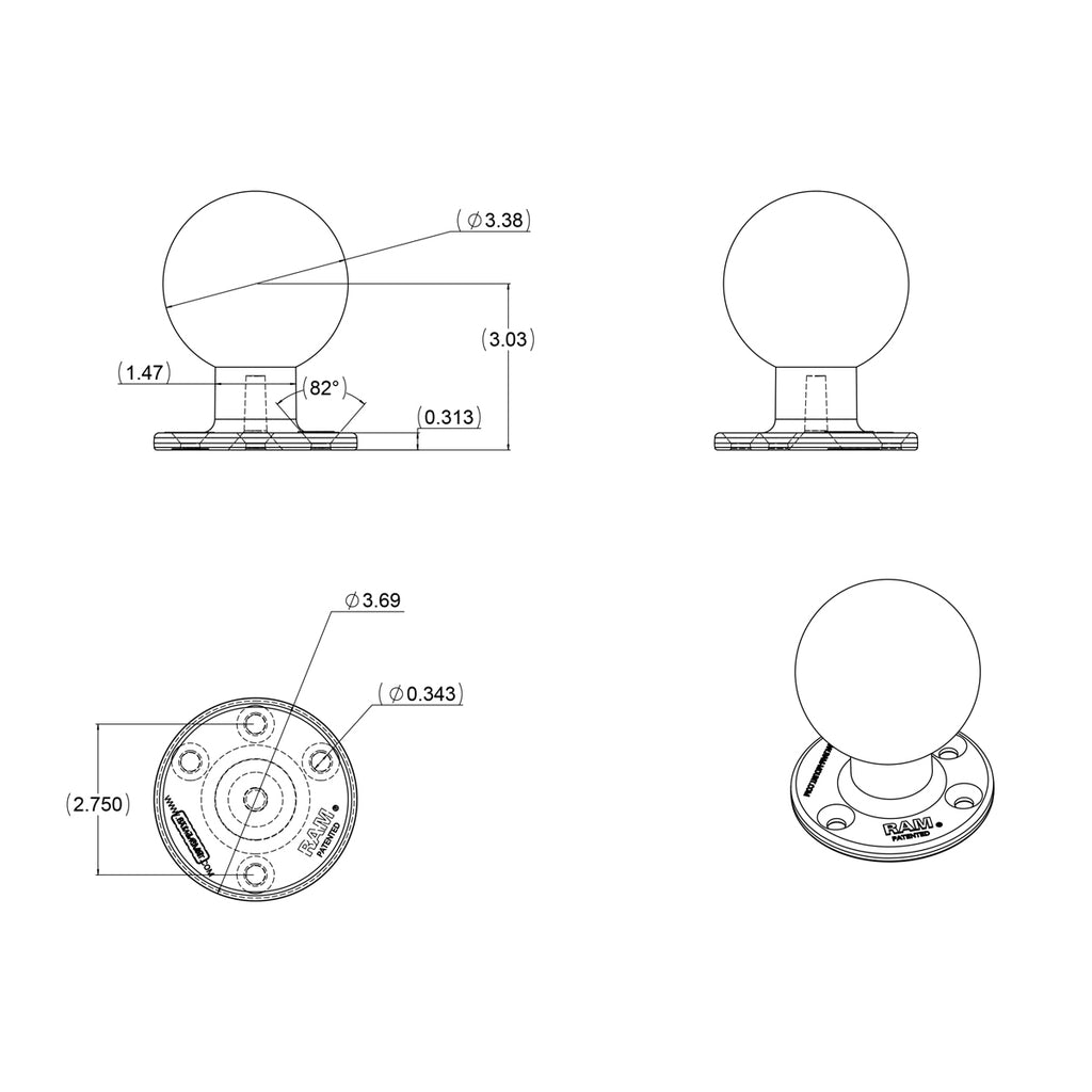 RAM Grote Ronde Plaat met Bal - E Maat - RAM Mounts RAM-E-202U afbeelding 2