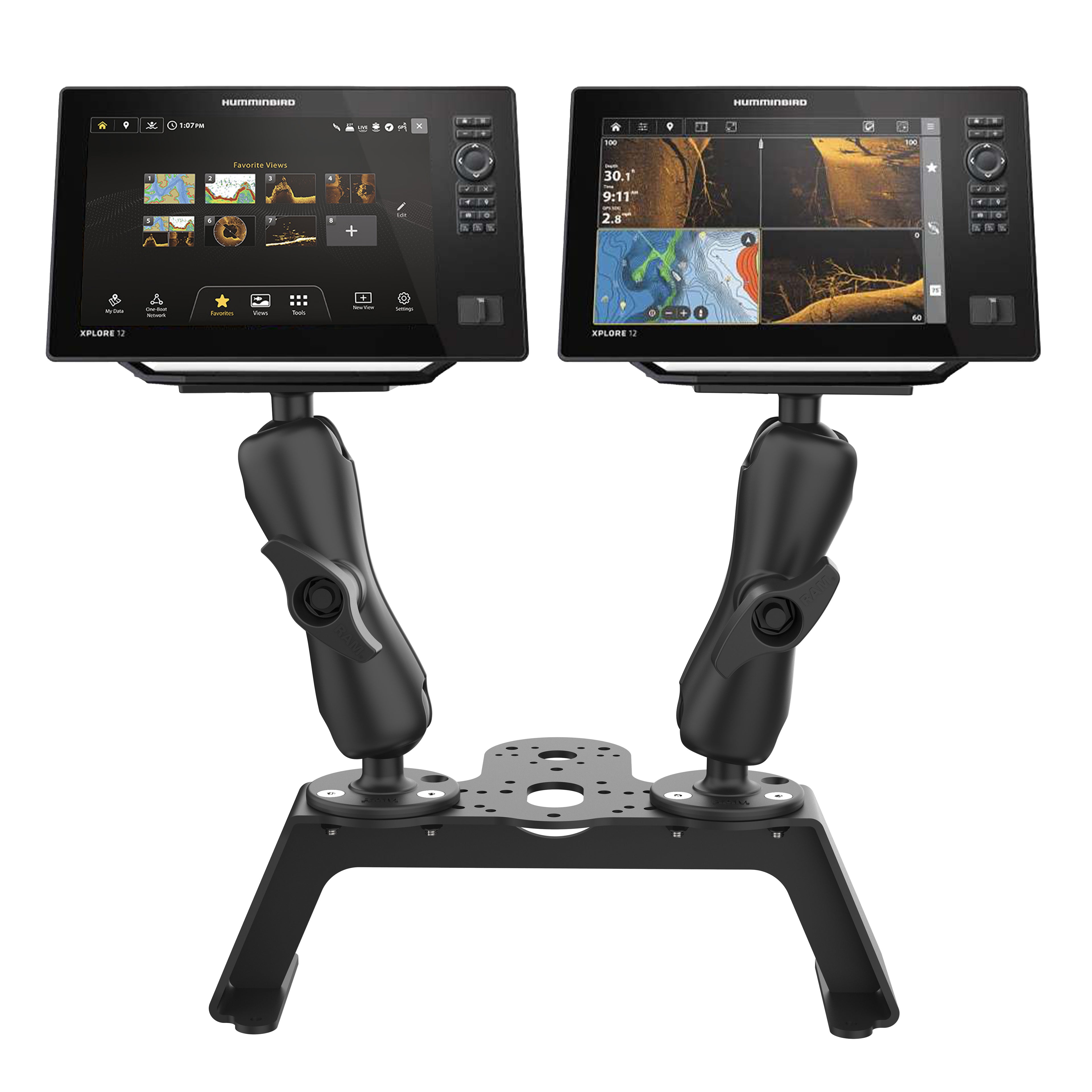 RAM Visvinder Dekset met Dubbele Humminbird Helix 8-10 & XPLORE Montage - RAM Mounts RAM-FF1-D-202-25-202-2 afbeelding 1