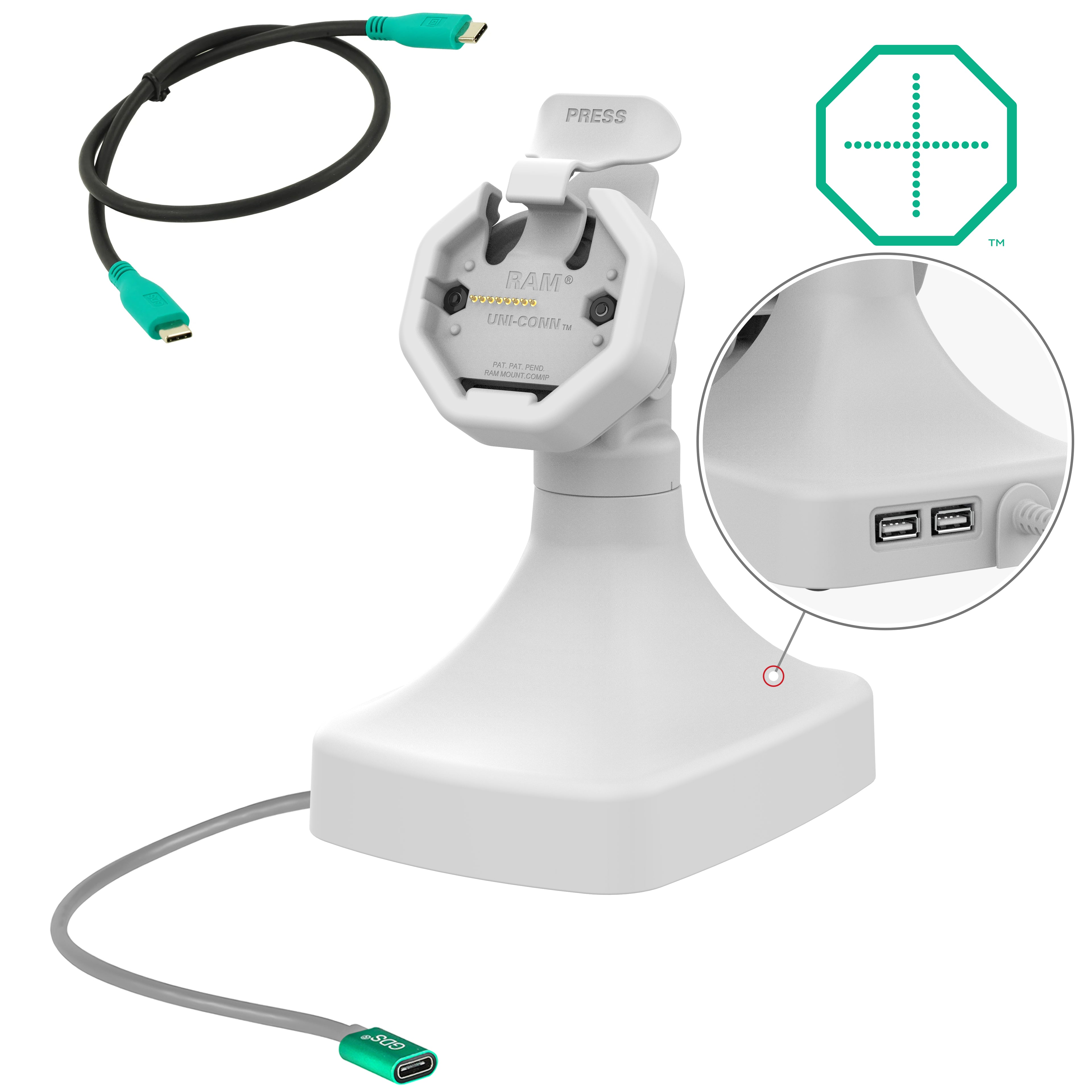 GDS® Uni-Conn™ Kantel- en Draai Kiosk Dock met oplaadfunctie via USB-C + Data - Grijs - RAM Mounts RAM-GDS-DOCK-D14-U3C-2A-GRY afbeelding 1