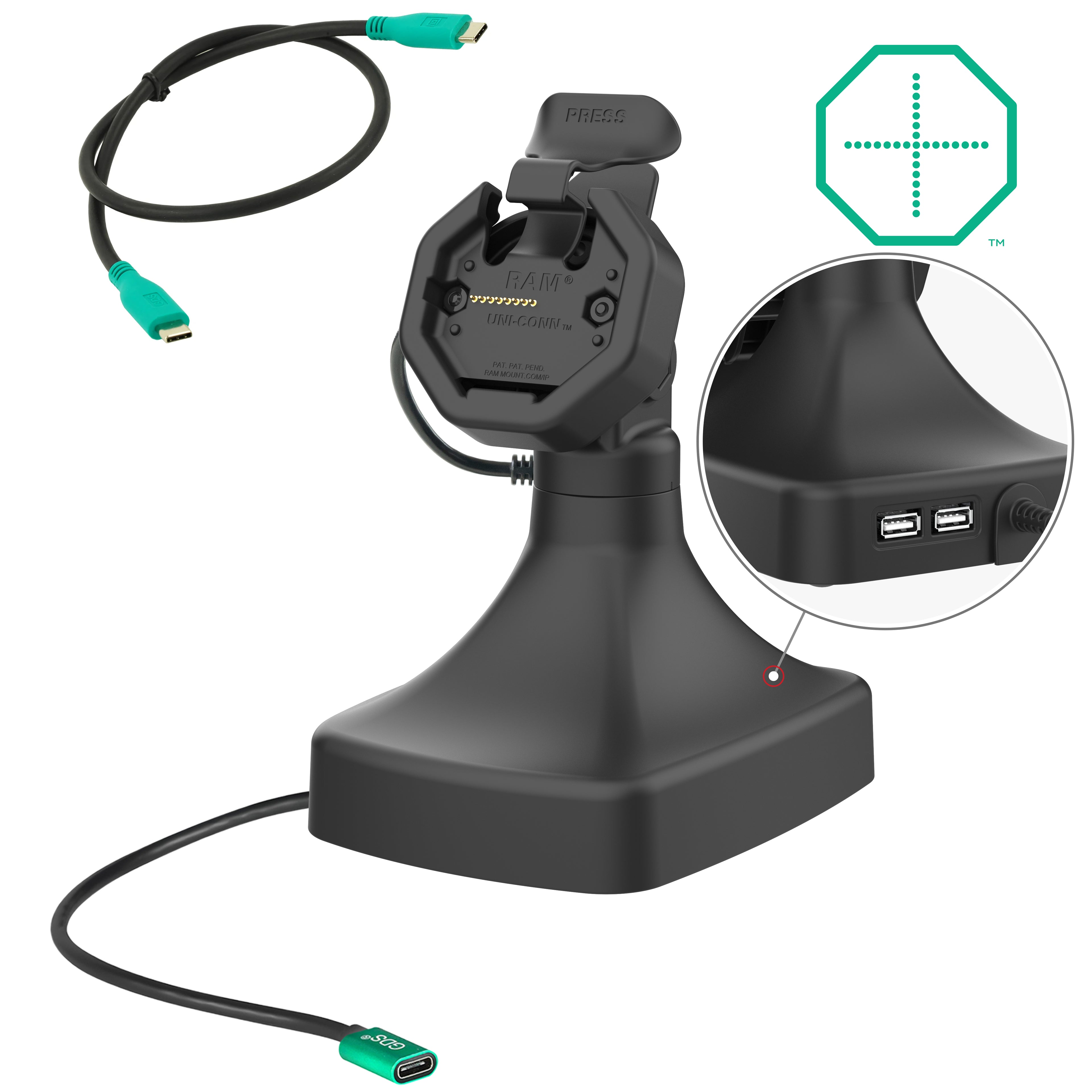 GDS® Uni-Conn™ Kantel- en Draai Kiosk dock met oplaadfunctie via USB-C + Data - RAM Mounts RAM-GDS-DOCK-D14-U3C-2A afbeelding 1