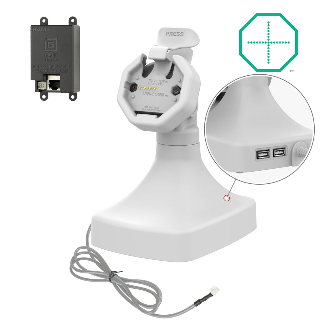 GDS uni conntrade kantel en draai kiosk dock met oplaadfunctie via PoE data grijs - RAM Mounts RAM-GDS-DOCK-D14-U3E-2A-GRY