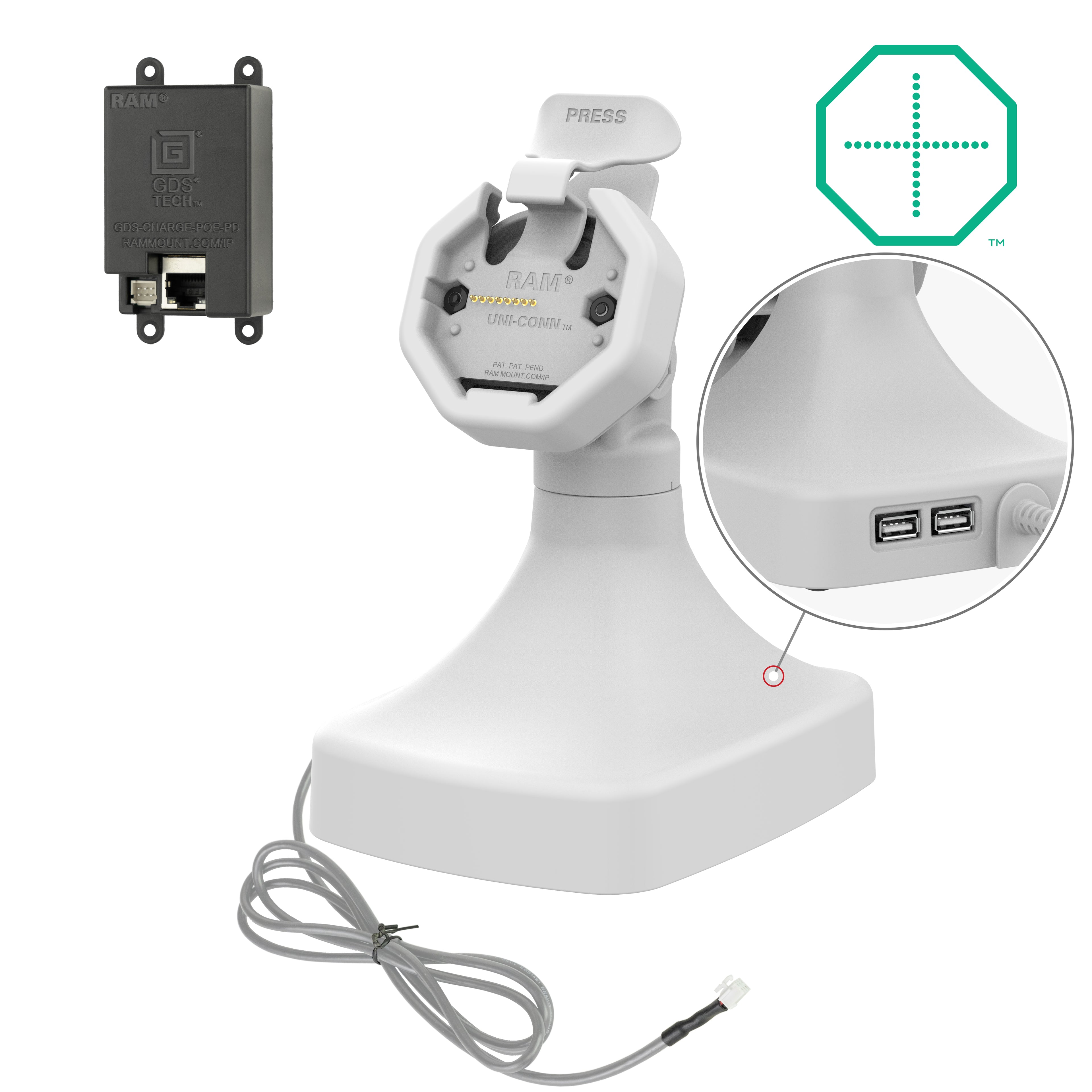 GDS® Uni-Conn™ Kantel- en Draai Kiosk Dock met oplaadfunctie via PoE + Data - Grijs - RAM Mounts RAM-GDS-DOCK-D14-U3E-2A-GRY afbeelding 1