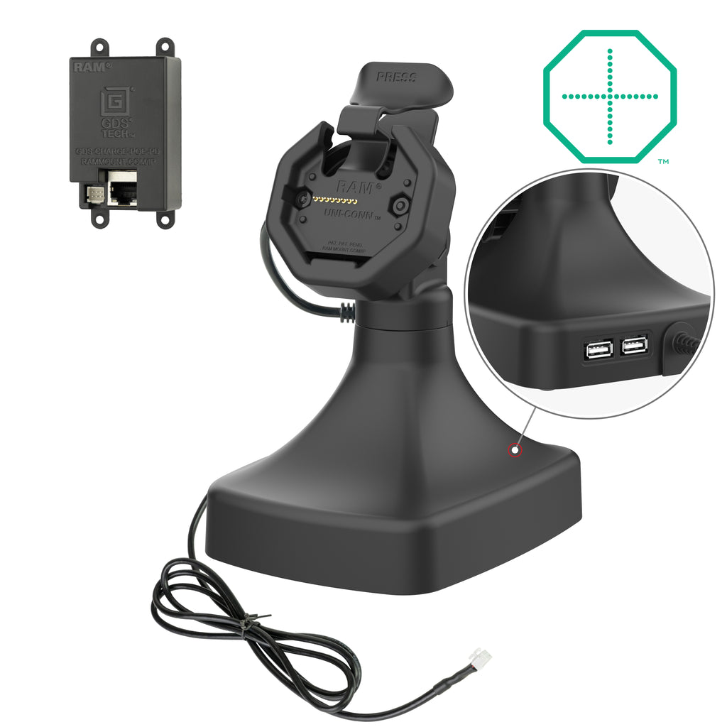 GDS uni conn kantel en draai kiosk dock met oplaadfunctie via PoE data - RAM Mounts RAM-GDS-DOCK-D14-U3E-2A
