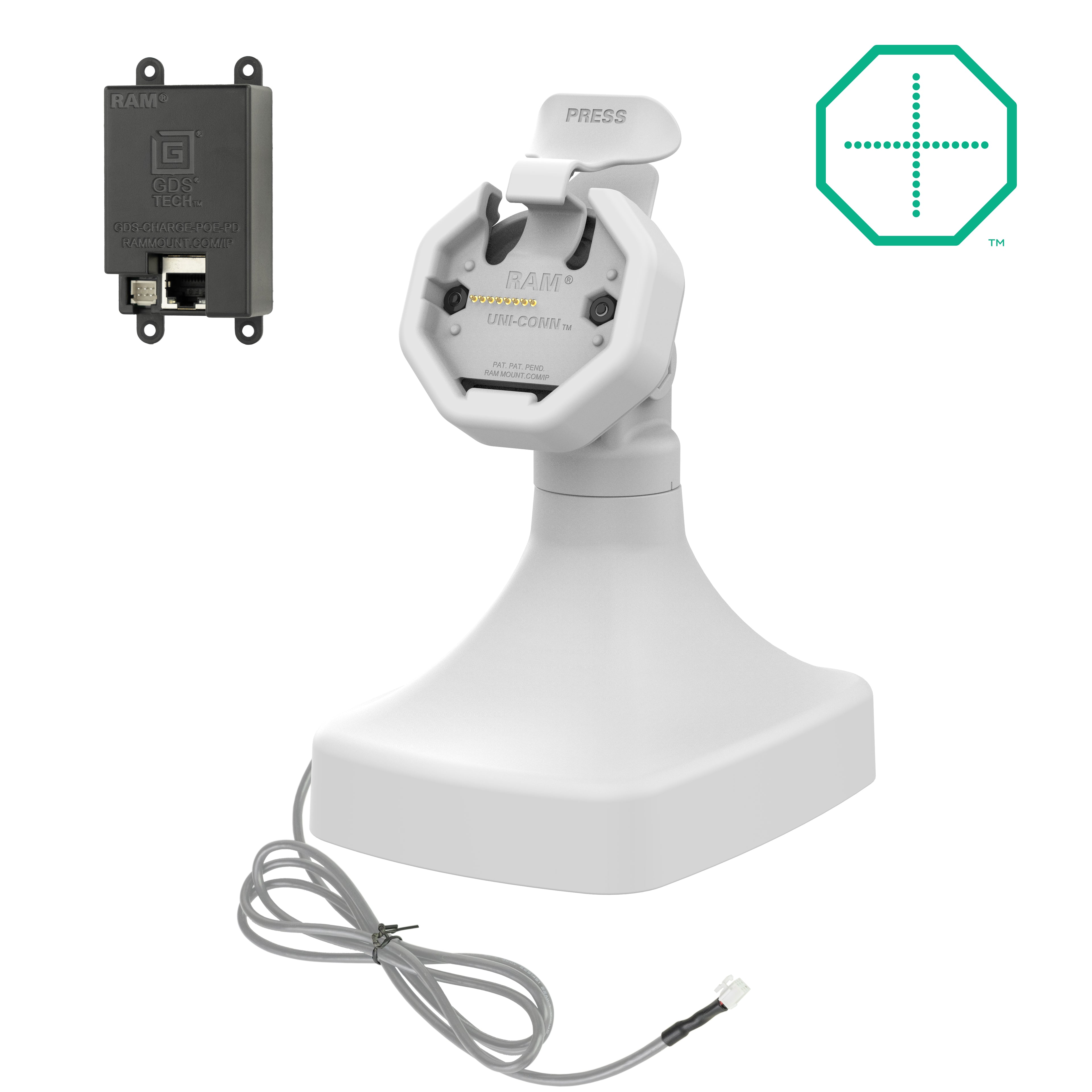 GDS uni conntrade kantel draai kiosk dock met oplaadfunctie via PoE grijs - RAM Mounts RAM-GDS-DOCK-D14-U3E-GRY