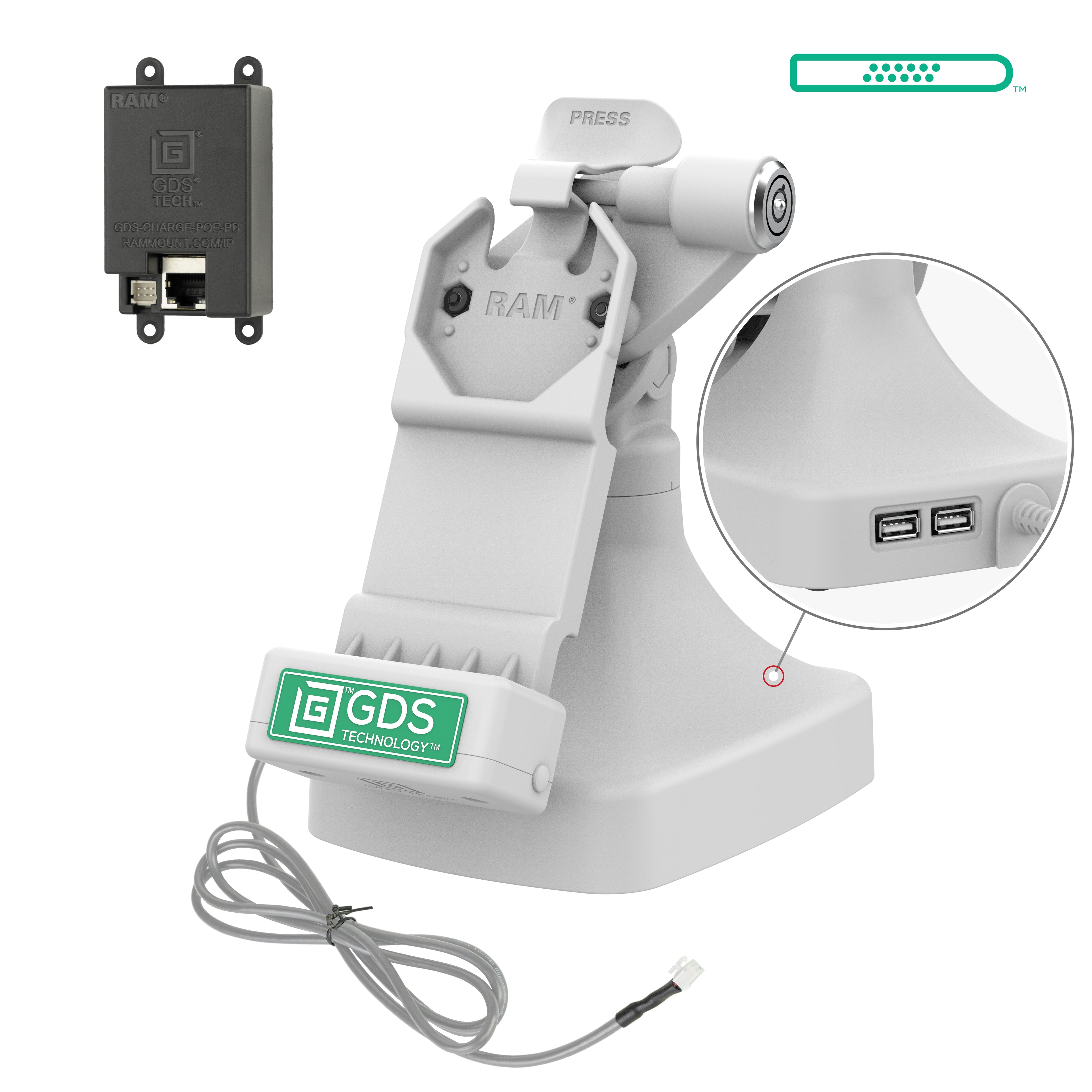 GDS uni conntrade kantel en draai kiosk dock met slot en oplaadfunctie via PoE data grijs - RAM Mounts RAM-GDS-DOCKLR-D14-U1E-2A-GRY