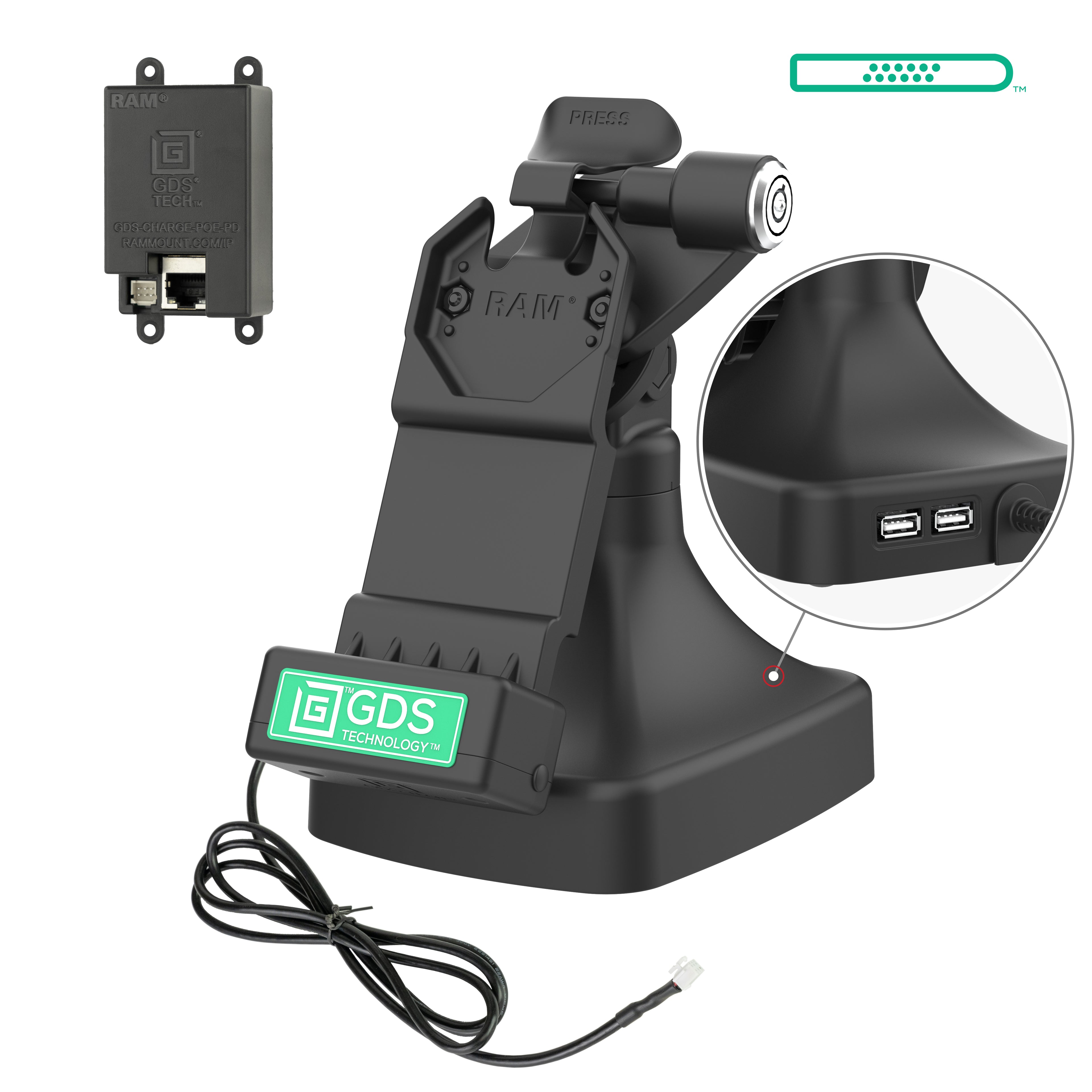 GDS® Uni-Conn™ Kantel- en Draai Kiosk Dock met slot en oplaadfunctie via PoE + Data - RAM Mounts RAM-GDS-DOCKLR-D14-U1E-2A afbeelding 1