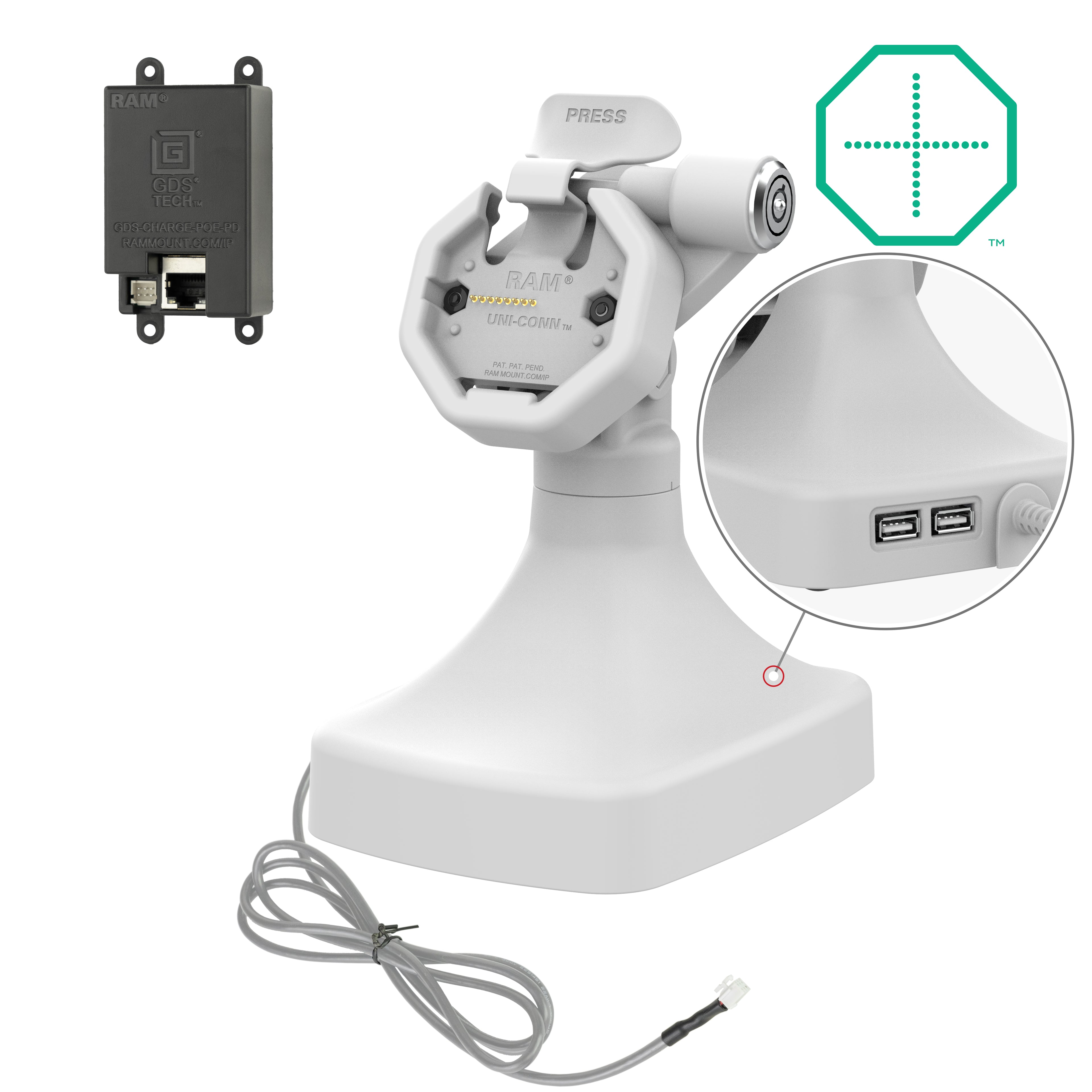 GDS uni conntrade kantel en draai kiosk dock met slot en oplaadfunctie via PoE data grijs - RAM Mounts RAM-GDS-DOCKLR-D14-U3E-2A-GRY