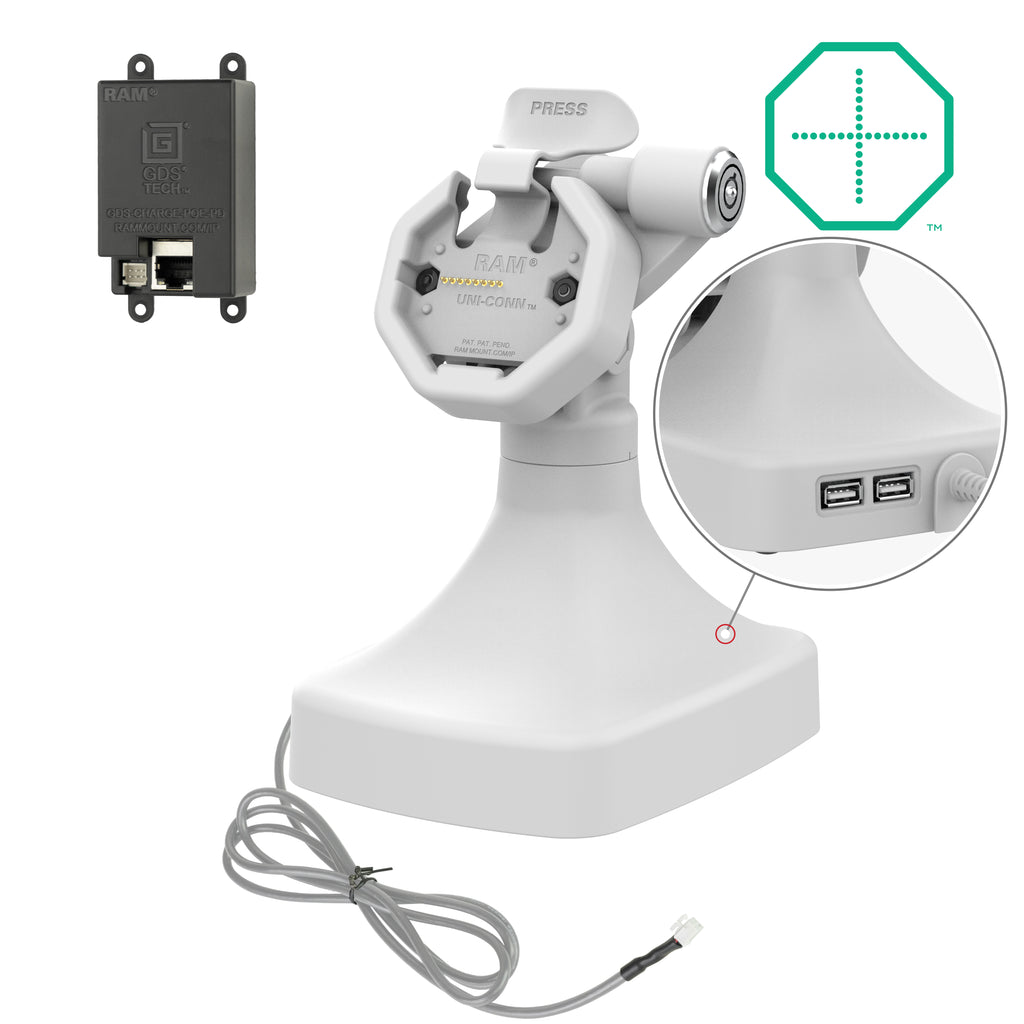 GDS® Uni-Conn™ Kantel- en Draai Kiosk Dock met slot en oplaadfunctie via PoE + data - Grijs - RAM Mounts RAM-GDS-DOCKLR-D14-U3E-2A-GRY afbeelding 1