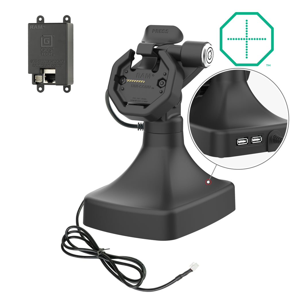 GDS uni conntrade kantel en draai kiosk dock met slot en oplaadfunctie via PoE data - RAM Mounts RAM-GDS-DOCKLR-D14-U3E-2A