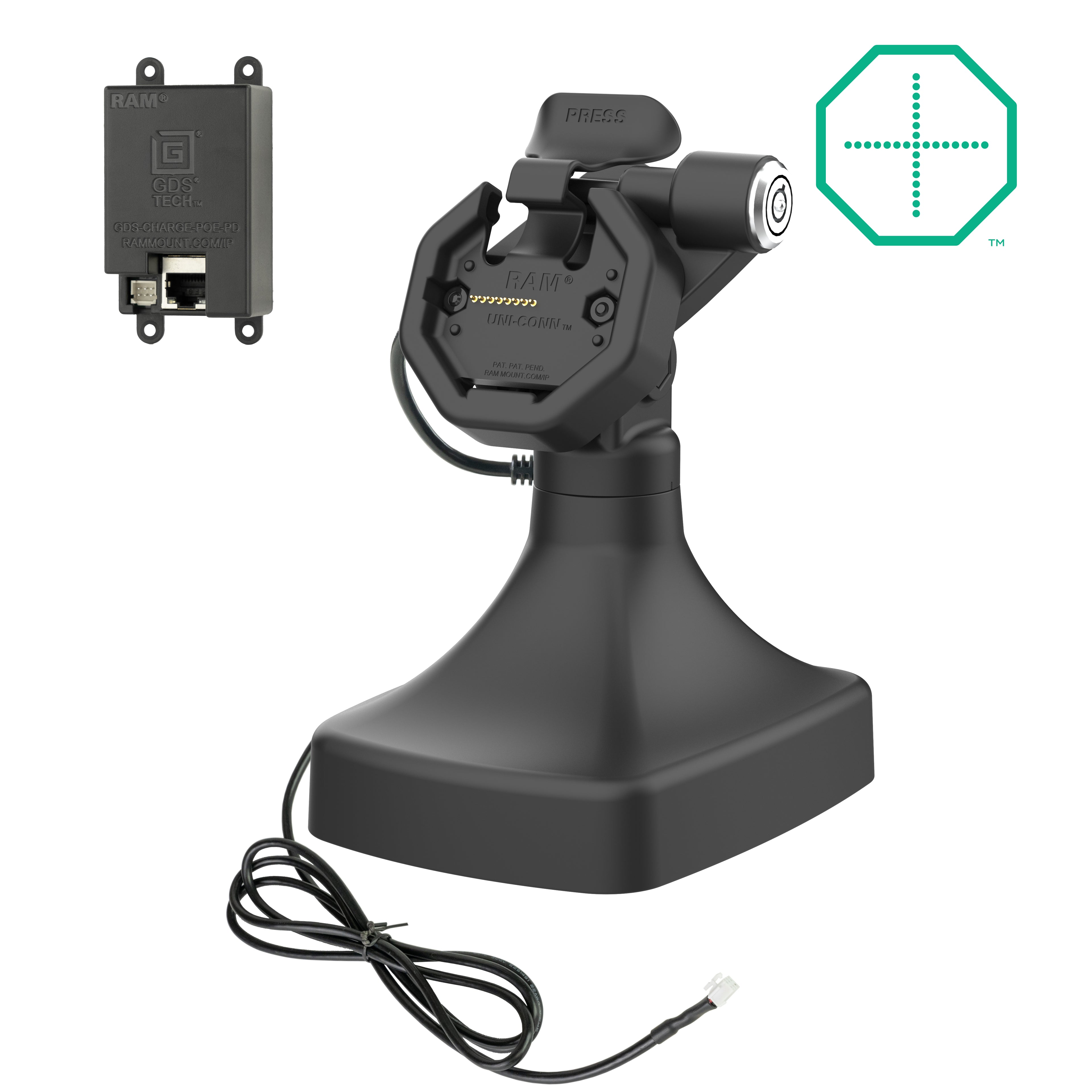GDS® Uni-Conn™ Kantel- en Draai Kiosk Dock met slot en oplaadfunctie via PoE - RAM Mounts RAM-GDS-DOCKLR-D14-U3E afbeelding 1