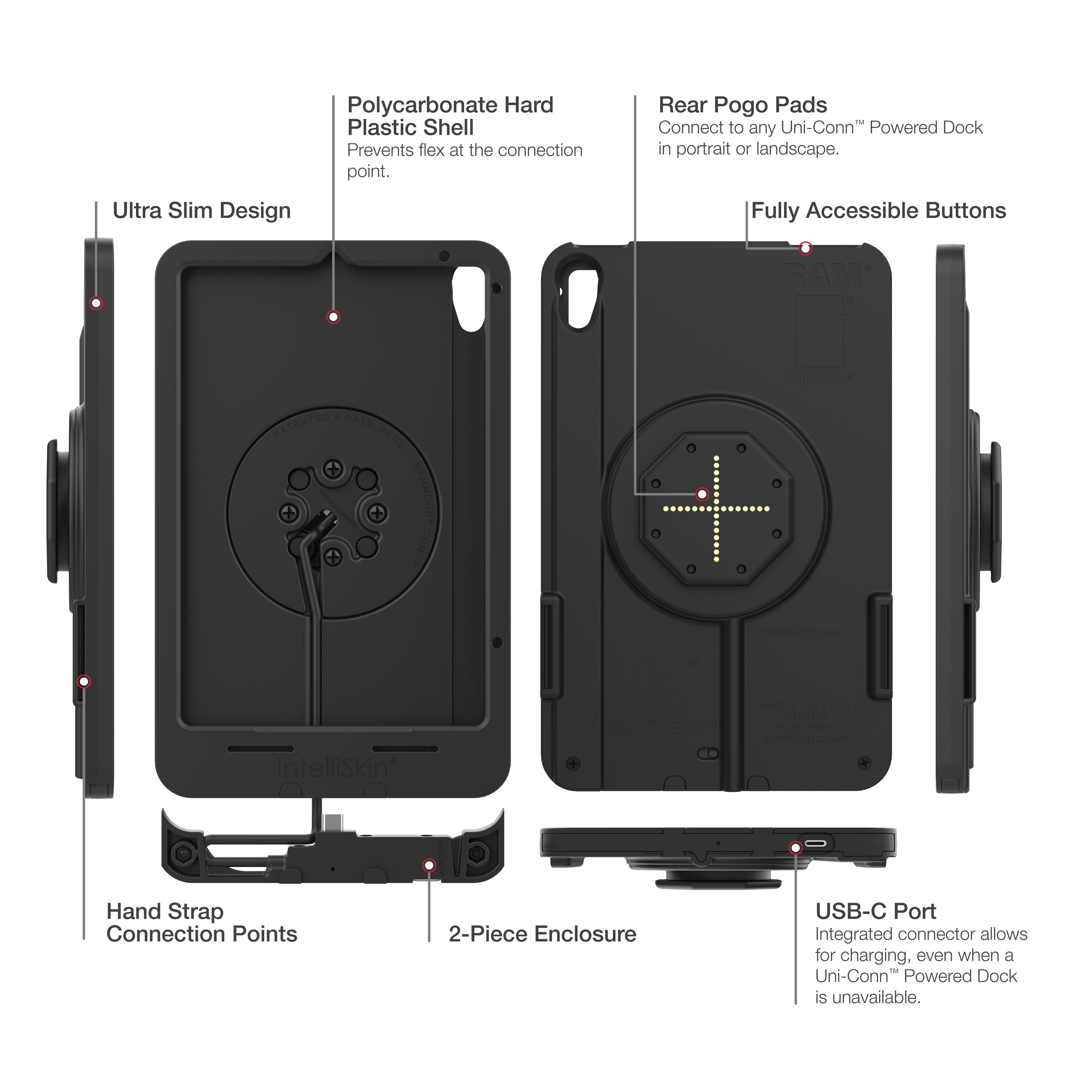 IntelliSkin® Thin-Case™ voor iPad mini (A17 Pro) & mini 6 Achterste Pogo Pads - RAM Mounts RAM-GDS-SKIN-AP36-TCB afbeelding 5