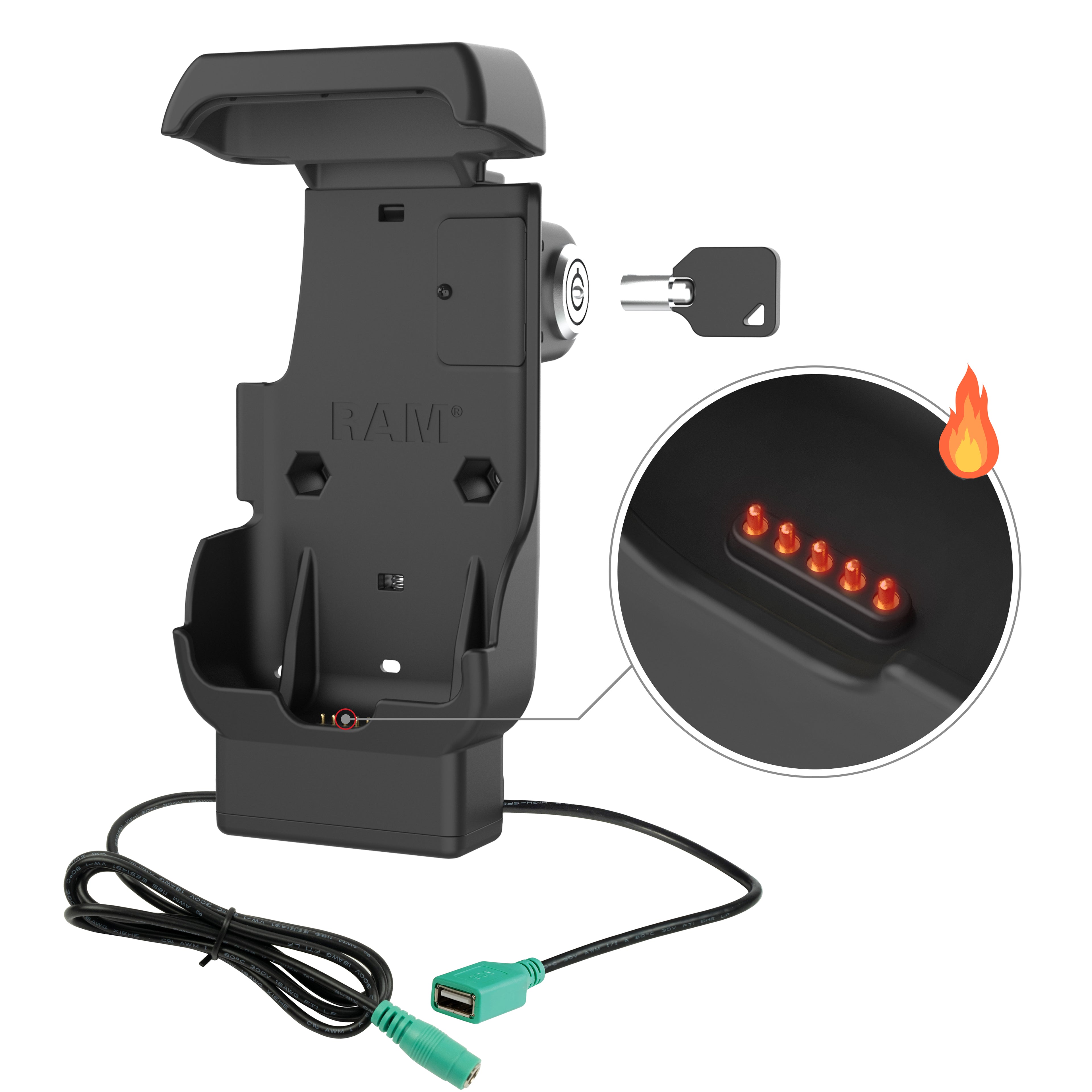 RAM Vergrendelbaar Gevoed Dock + USB-A voor Honeywell CT40/45/47 - Verwarmde Pennen - RAM Mounts RAM-HOL-HON12PDHLU afbeelding 2