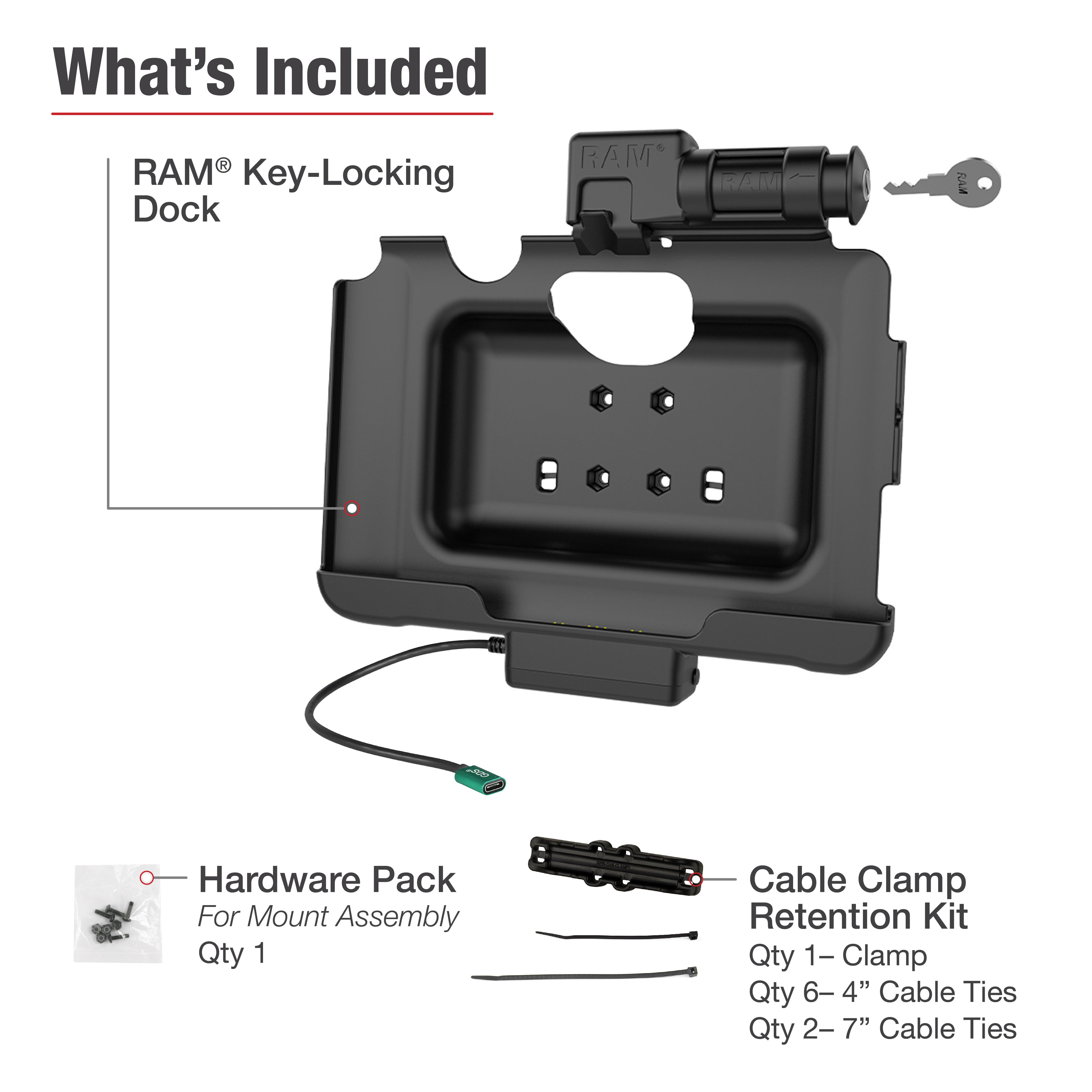 RAM Sleutelvergrendelende USB-C Dock met stroom voor Tab Active5 Pro & 4 Pro - RAM Mounts RAM-HOL-SAM57CPKLU afbeelding 6