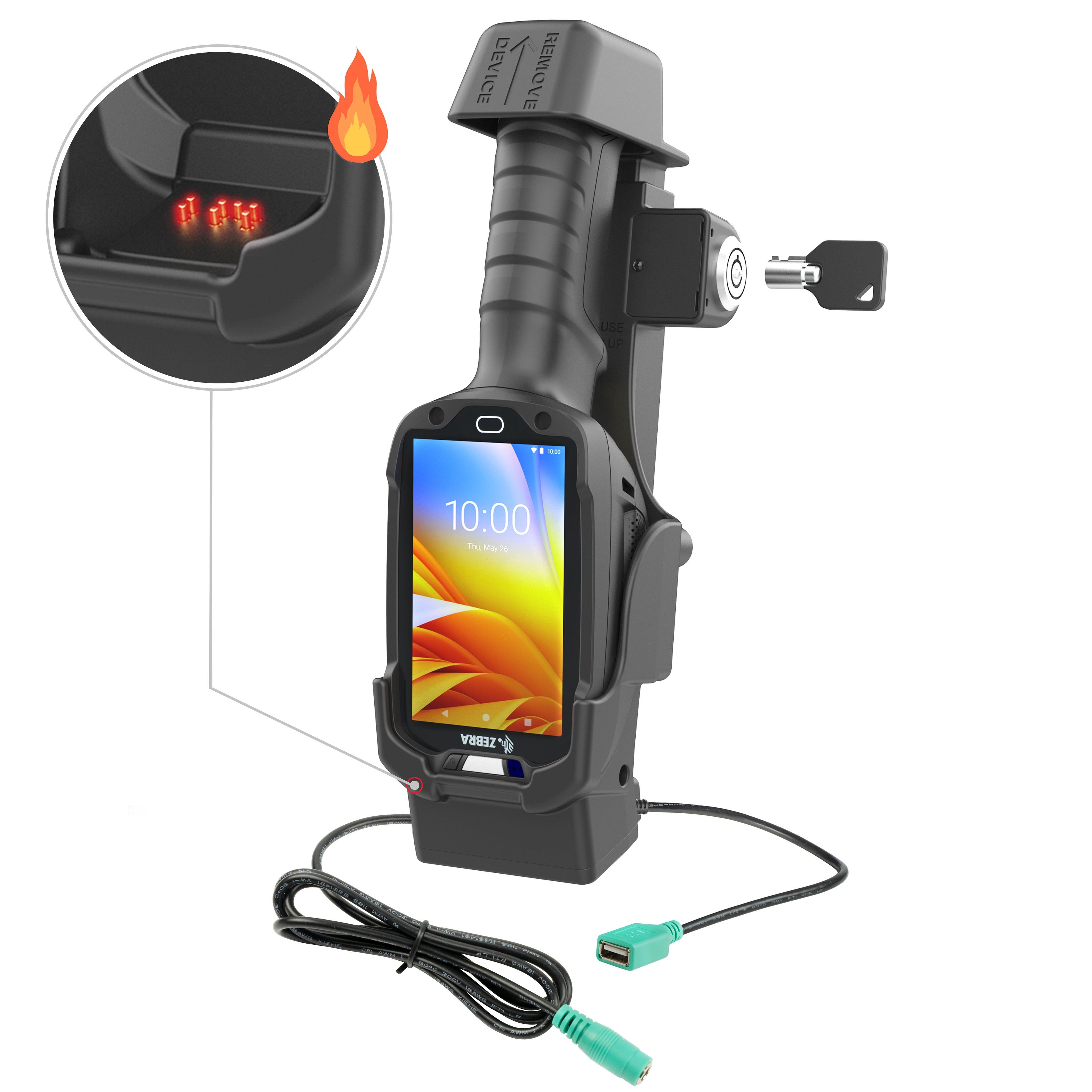 RAM dock met vergrendel en oplaadfunctie enkele USB a voor zebra TC8300 verwarmde pinnen - RAM Mounts RAM-HOL-ZE26PDHLU