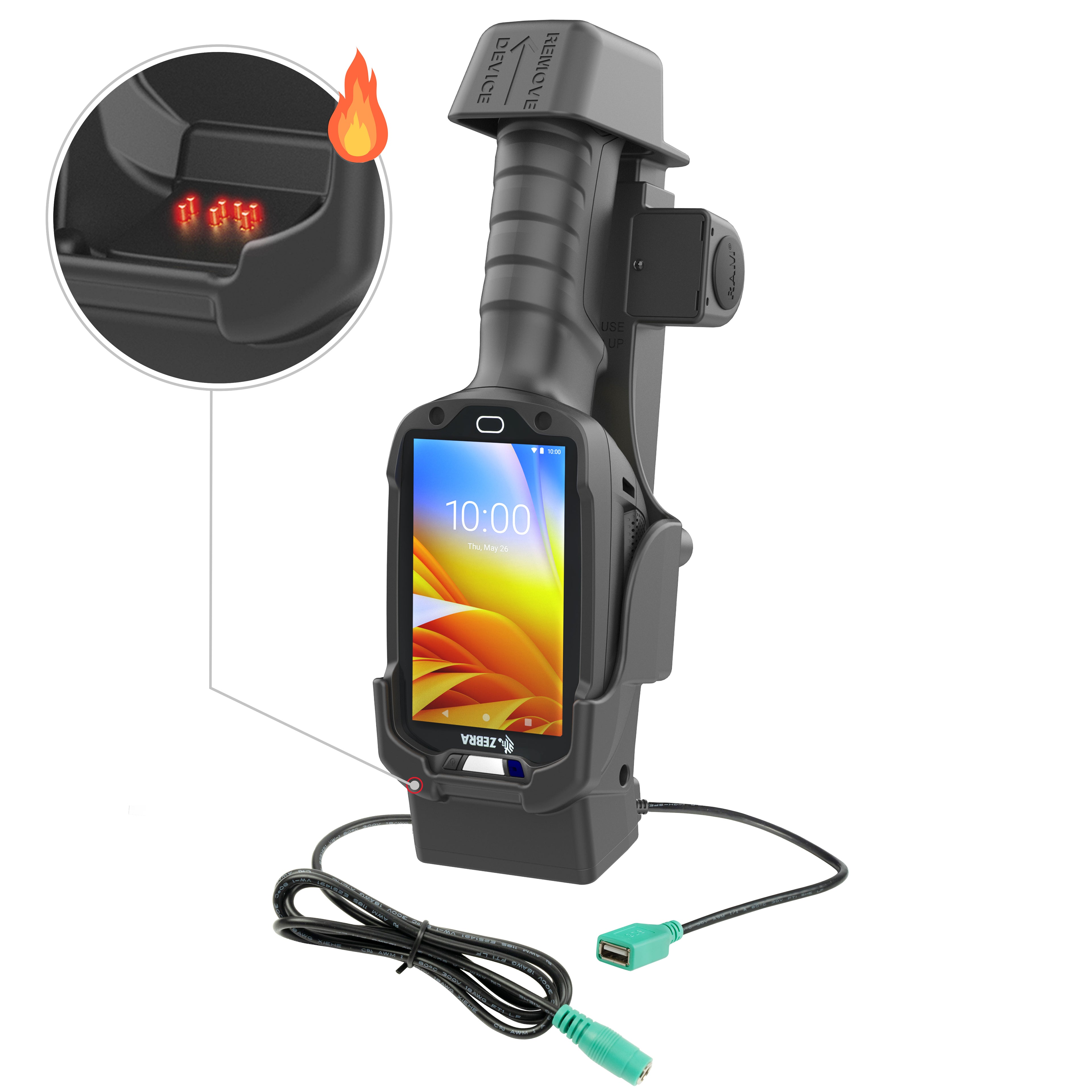 RAM dock met vergendel en oplaadfunctie enkele USB a voor zebra TC8300 verwarmde pinnen - RAM Mounts RAM-HOL-ZE26PDHU