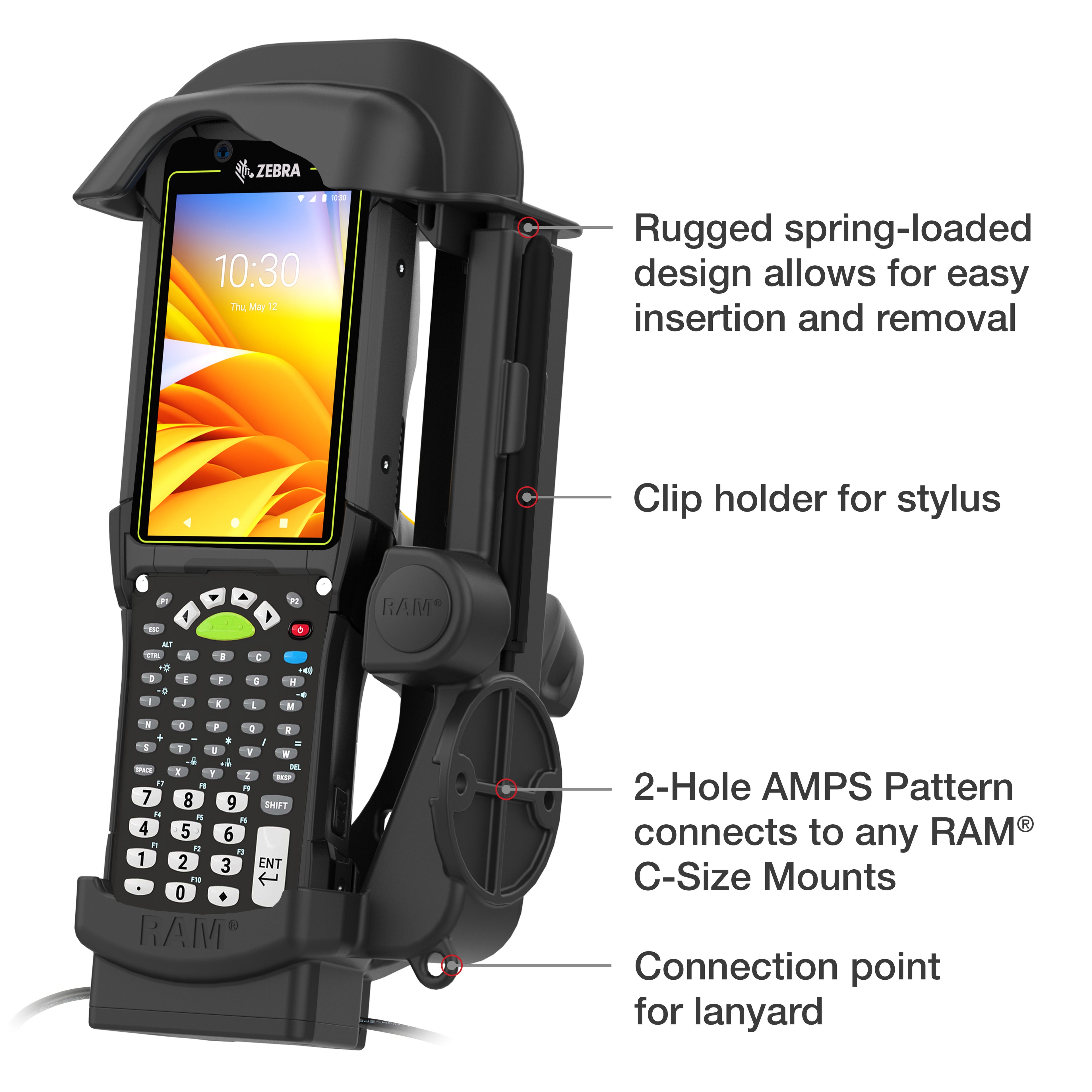 RAM Power Dock + Enkele USB-A voor Zebra MC9400 & MC9300 - Verwarmde Pinnen - RAM Mounts RAM-HOL-ZE32PDHU afbeelding 5