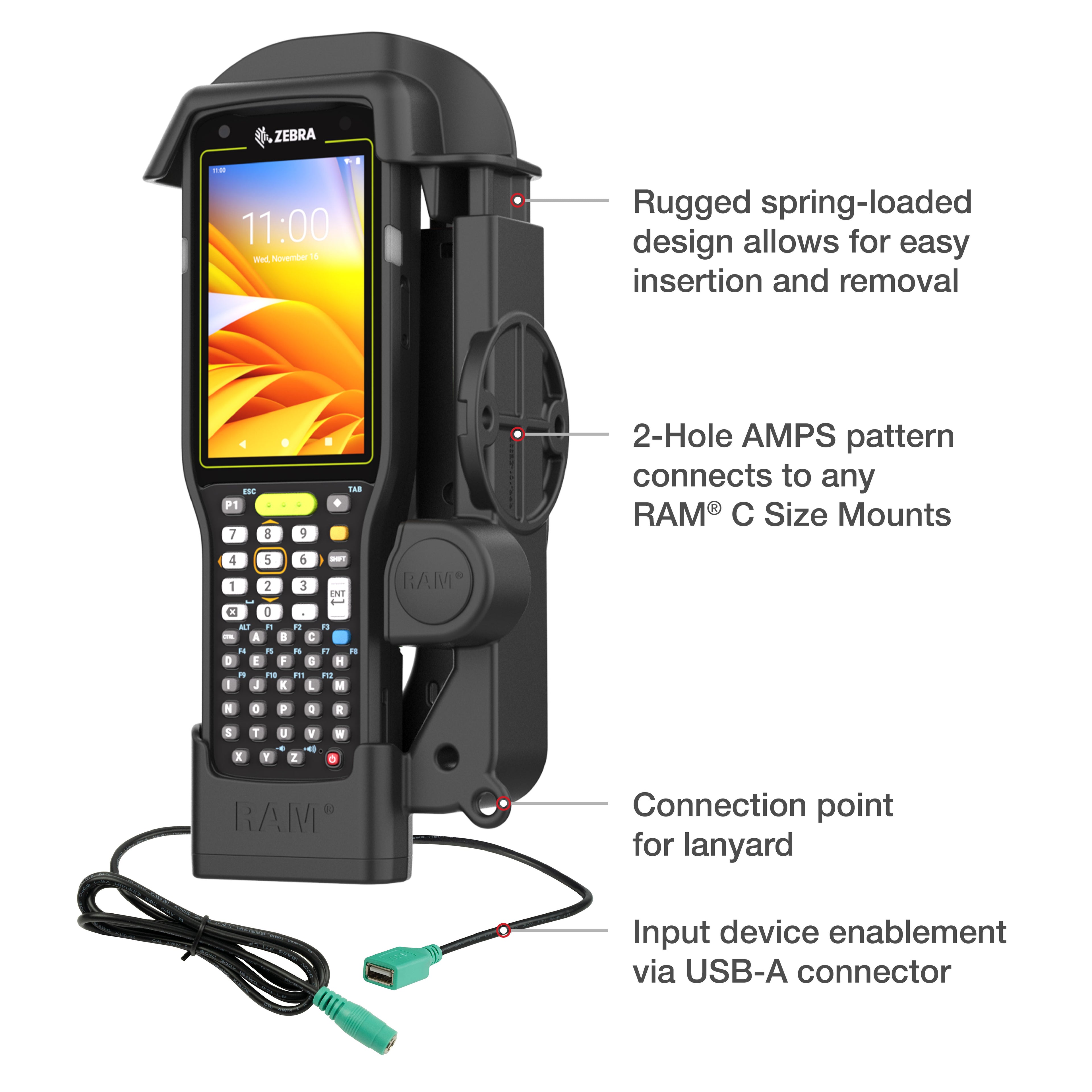 RAM Dock met oplaadfunctie + Enkele USB-A voor Zebra MC0.97058823529412/3450 - RAM Mounts RAM-HOL-ZE33PDU afbeelding 5