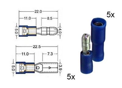 Kabelschoen rond assortiment 5 man. + 5 vrouw. blauw 4mm